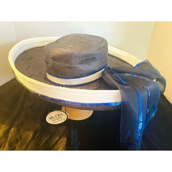 Mr. John Moderne Elegant Navy and White Sequined Trim Bow Women's Hat NWT - Picture 2 of 9